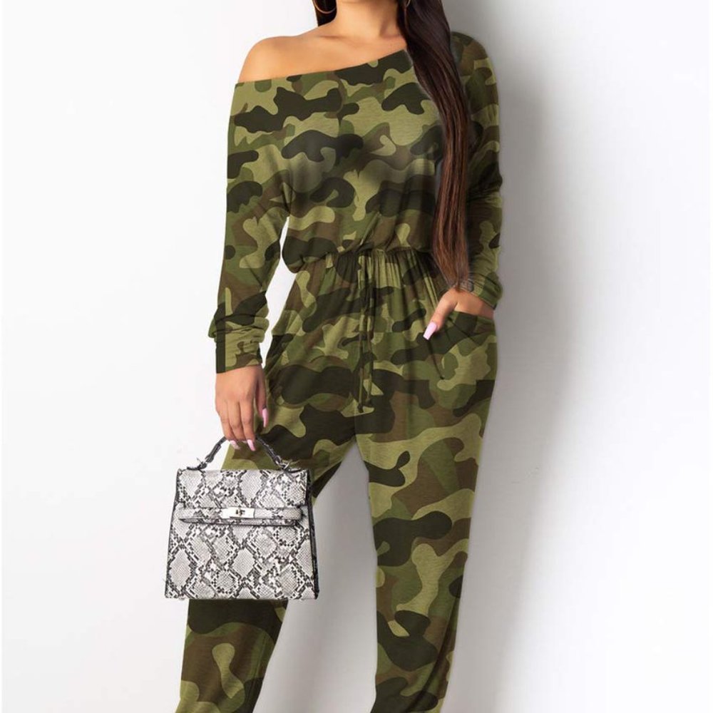 Camo Off-Shoulder Drawstring Jumpsuit Pockets